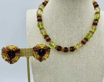 Hobe Necklace Earrings Set Green Brown Faceted Beads Gold Tone Signed Vintage