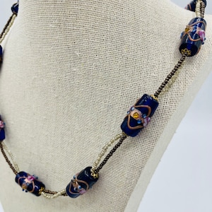 Venetian Wedding Cake Glass Blue Pink Painted Beaded Necklace Fiorato Gold Vintage Italian