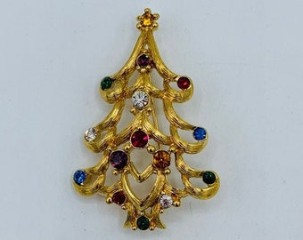 Monet Christmas Tree Brooch Gold Clear Green Red Blue Purple Rhinestones Xmas Holiday Vintage Signed