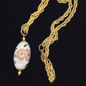 Vintage Cloisonne Egg Pendant Necklace Pink Flowers
