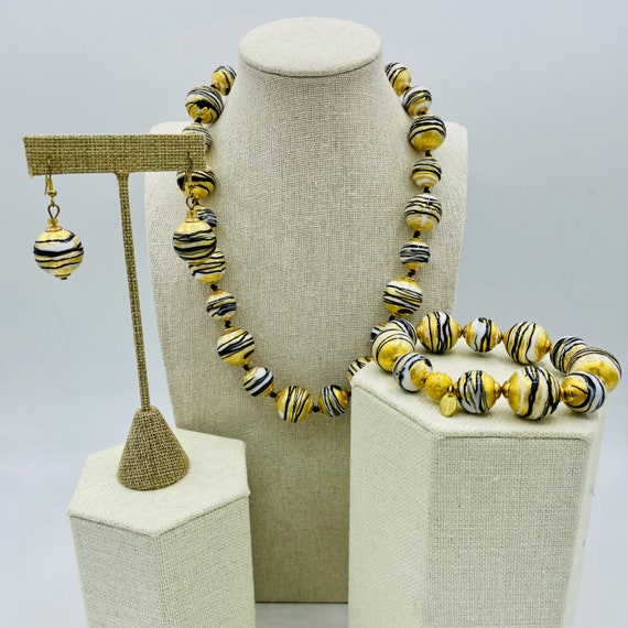 Murano Venetian Blown Glass Jewelry Set Gold Blac… - image 1