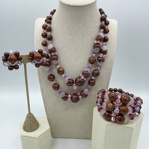 Hobe Beaded Brown Pink Necklace Earrings Bracelet Jewelry Set Faceted Gold Vintage Signed