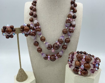 Hobe Beaded Brown Pink Necklace Earrings Bracelet Jewelry Set Faceted Gold Vintage Signed