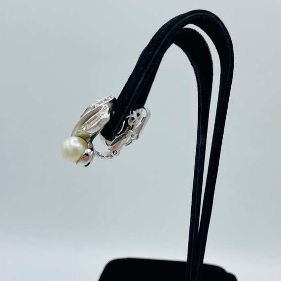 Trifari Pearl Rhinestone Silver Clip Earrings Sta… - image 4