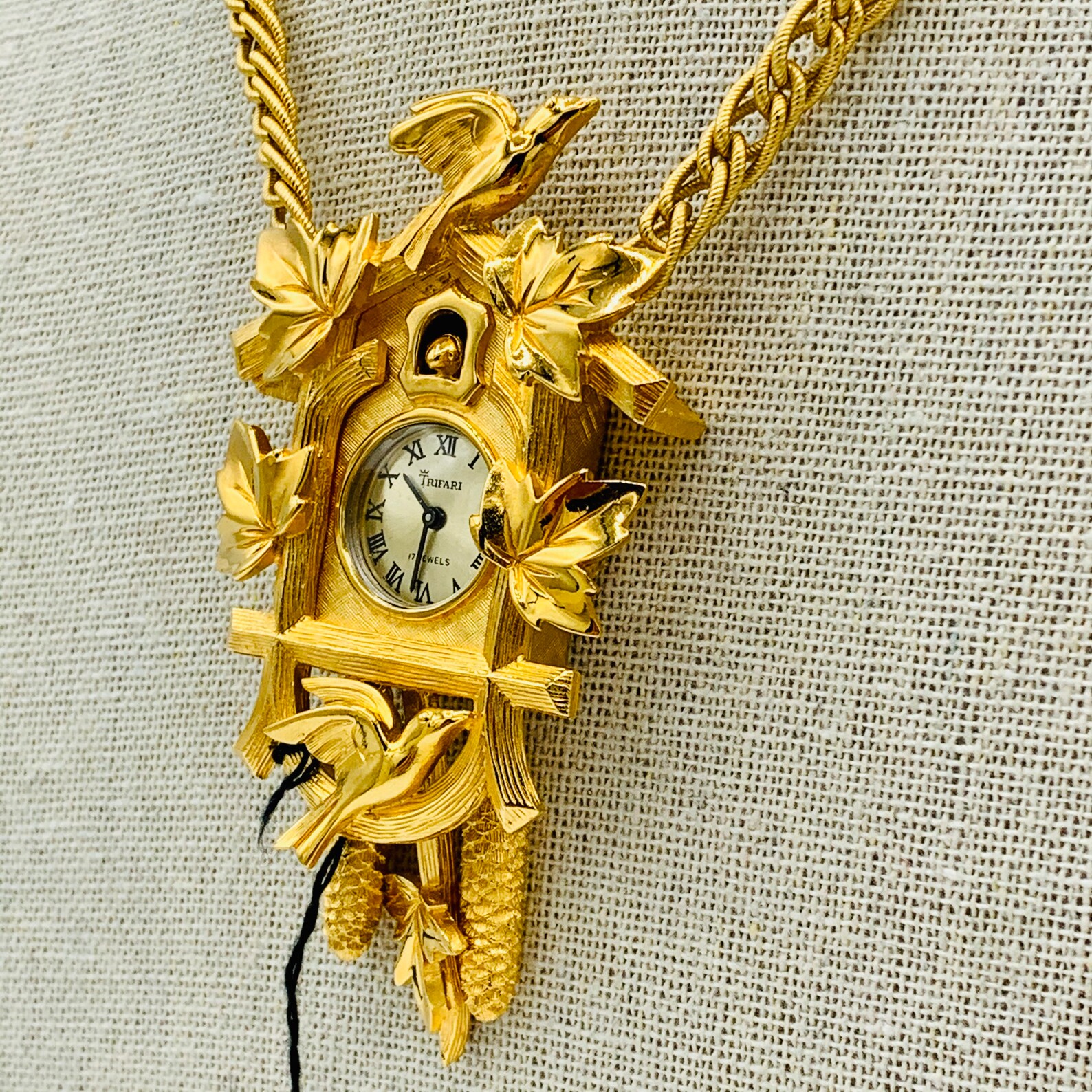 Trifari Cuckoo Clock Watch 17 Jewels Pendant Necklace Signed Etsy