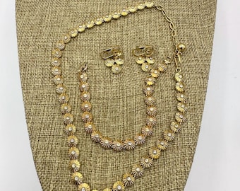 Trifari Jewelry Set Necklace Bracelet Earrings Gold Tone Rhinestone Disc Demi Parure