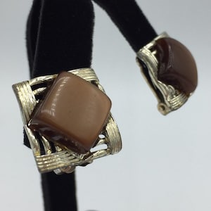 Vintage Silver Tone Brown Enamel Square Lucite Clip Earrings