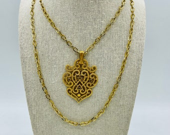Trifari Layered Pendant Necklace Swirls Crest Double Strand Gold 1970s Vintage Signed