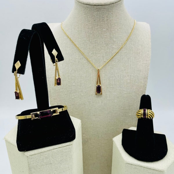 Avon Eiffel Tower Purple Rhinestone Gold Jewelry Set Full Parure Necklace Bracelet Earrings Ring