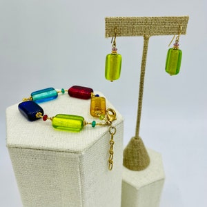 Venetian Glass Red Green Yellow Jewelry Set Beaded Bracelet Earrings Gold Vintage Italian