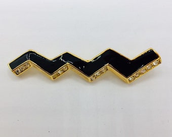 Trifari Gold Tone Zig Zag Lightning Brooch Black Enamel Rhinestone