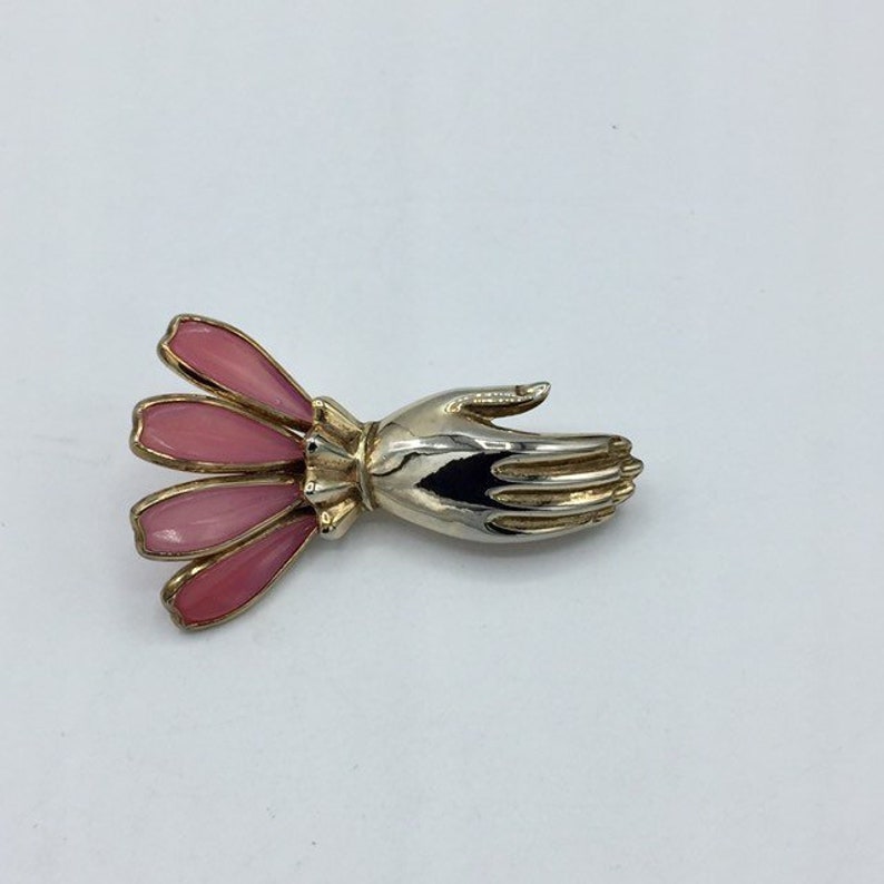 Trifari Gold Tone Brooch Pink Moulded Glass Hand
