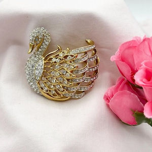 Nolan Miller Swimming Swan Brooch – Gold Tone with Dimensional Openwork & Rhinestones, Signed