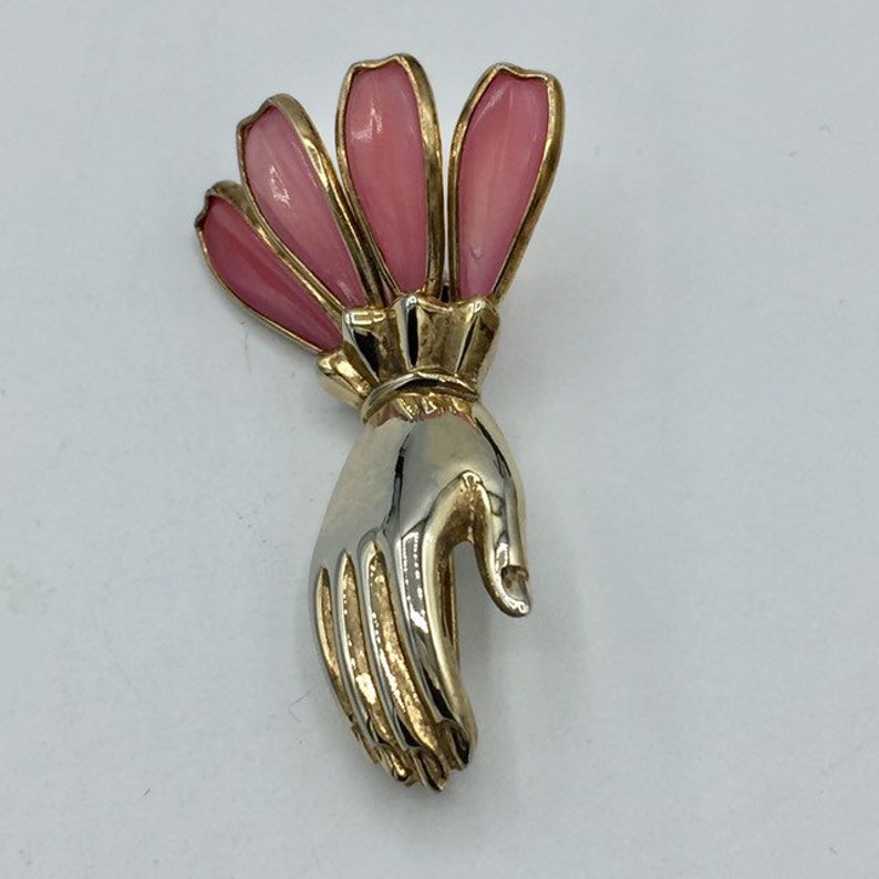 Trifari Gold Tone Brooch Pink Moulded Glass Hand