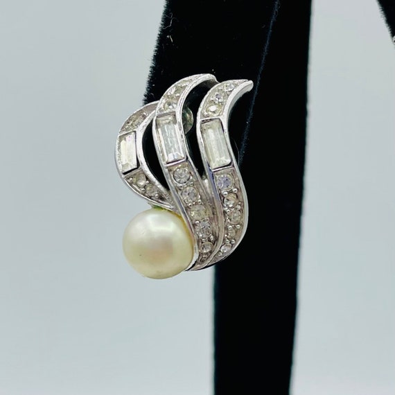 Trifari Pearl Rhinestone Silver Clip Earrings Sta… - image 3