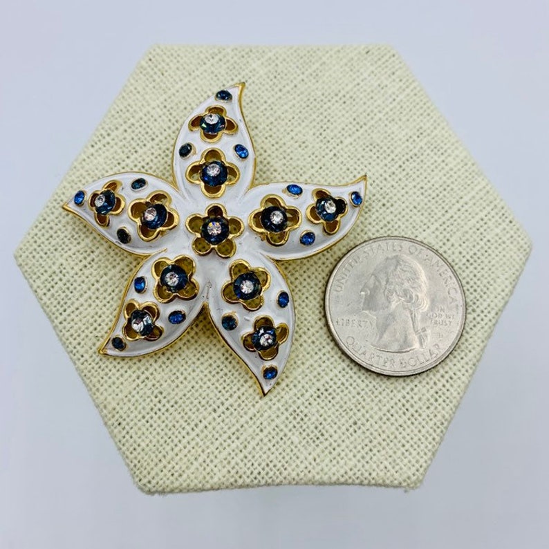 Trifari Starfish Brooch Blue White Enamel Gold Tone Rhinestones