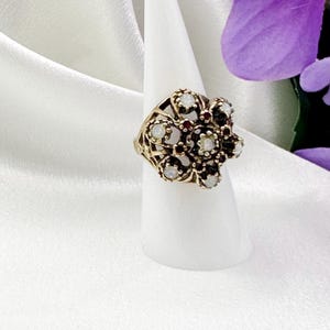 Vintage Opal Ruby Tone Cocktail Ring, 18K HGE Gold Tone, Size 6.5