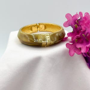 Vintage 1970s Trifari Shiny Gold Bangle Bracelet with Marbled Brown Enamel Accent