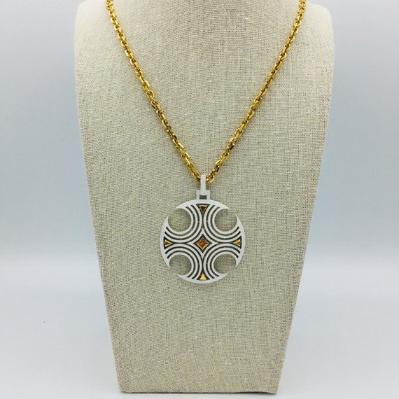 Trifari White Enamel Cross Pendant Necklace Gold … - image 1