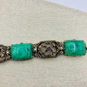 Vintage Turkish Gold Filigree Bracelet Seed Pearls Link Scrollwork Green