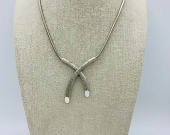 Trifari Brushed Silver Crossed Ribbon Pendant Necklace Vintage Layering