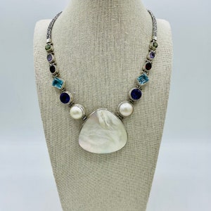 Sterling Silver Mexican Pendant Necklace Mother of Pearl Amethyst Peridot Garnet Pearl Vintage 925