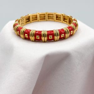 Vintage Joan Rivers Gold Tone & Red Enamel Hinge Bangle Bracelet – 7&quot; – Excellent Condition