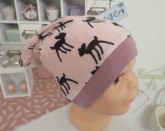 Knotenmützen+Beaniemützen aus Jersey rosa mit Schafe Knotenmützen+Beaniemützen aus Jersey rosa mit Schafe