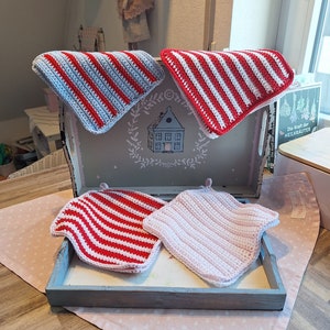 Topflappen gehäkelt Set 2 Stück Streifen rosa weiß rot blau rechteckig Geschenk Küche kochen Einzug  KleineSeligkeiten nützlich praktisch