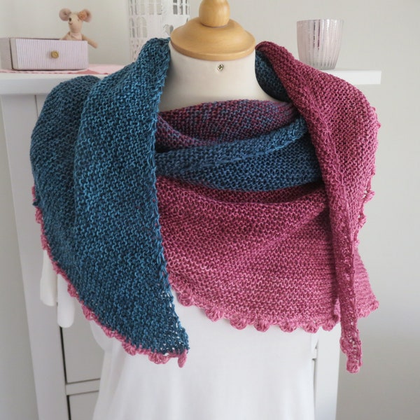 Knitted shoulder scarf blue pink triangular scarf soft light scarf for spring small bliss handmade unique piece unique