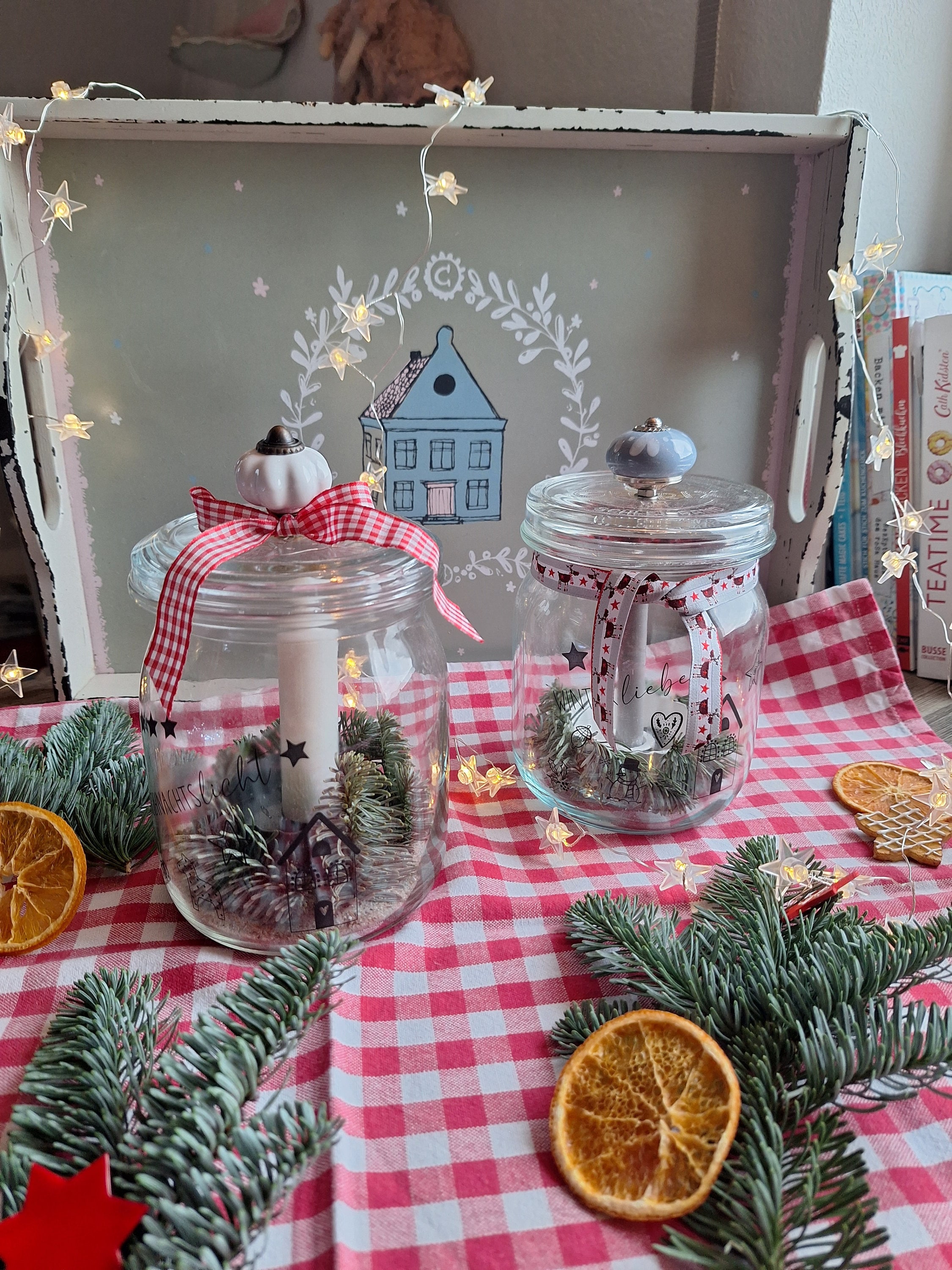 Kerzenglas Weckglas alt Weihnachten Winter shabby Windlicht Kerzenhalter Metall Glas rot Rentier KleineSeligkeiten Aufbewahrung Wohnzimmer