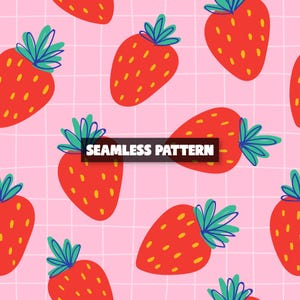 May include: Seamless pattern featuring bright red strawberries with green and blue leaves, scattered across a pink grid background. The strawberries have yellow seeds. The text "SEAMLESS PATTERN" is displayed in a black rectangle.