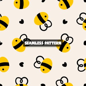 Könnte beinhalten: Nahtloses Muster mit gelben Cartoon-Bienen mit schwarzen Streifen und Flügeln sowie kleinen schwarzen Herzen auf cremefarbenem Hintergrund. Der Text "SEAMLESS PATTERN" wird auf einem schwarzen Banner angezeigt.
