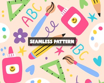 May include: A seamless pattern featuring school supplies on a light peach background. The design includes colorful elements like pencils, paintbrushes, glue bottles, triangles, flowers, and the letters ABC. The text "SEAMLESS PATTERN" is also present.