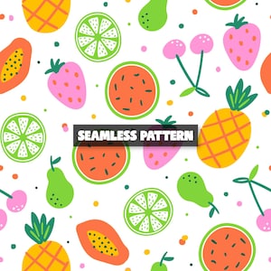 Puede incluir: Un patrón sin costuras con ilustraciones dibujadas a mano de varias frutas. El diseño incluye rodajas de sandía, fresas, piñas, limas, peras, cerezas y papaya, todo sobre un fondo blanco. Se muestra el texto "SEAMLESS PATTERN".
