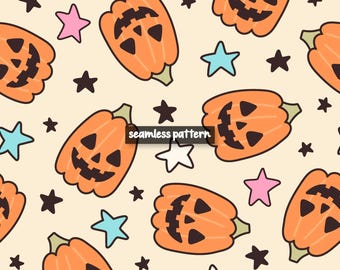 Retro Jack-o'-Lantern Seamless Pattern, Groovy Fall Print (Digital)