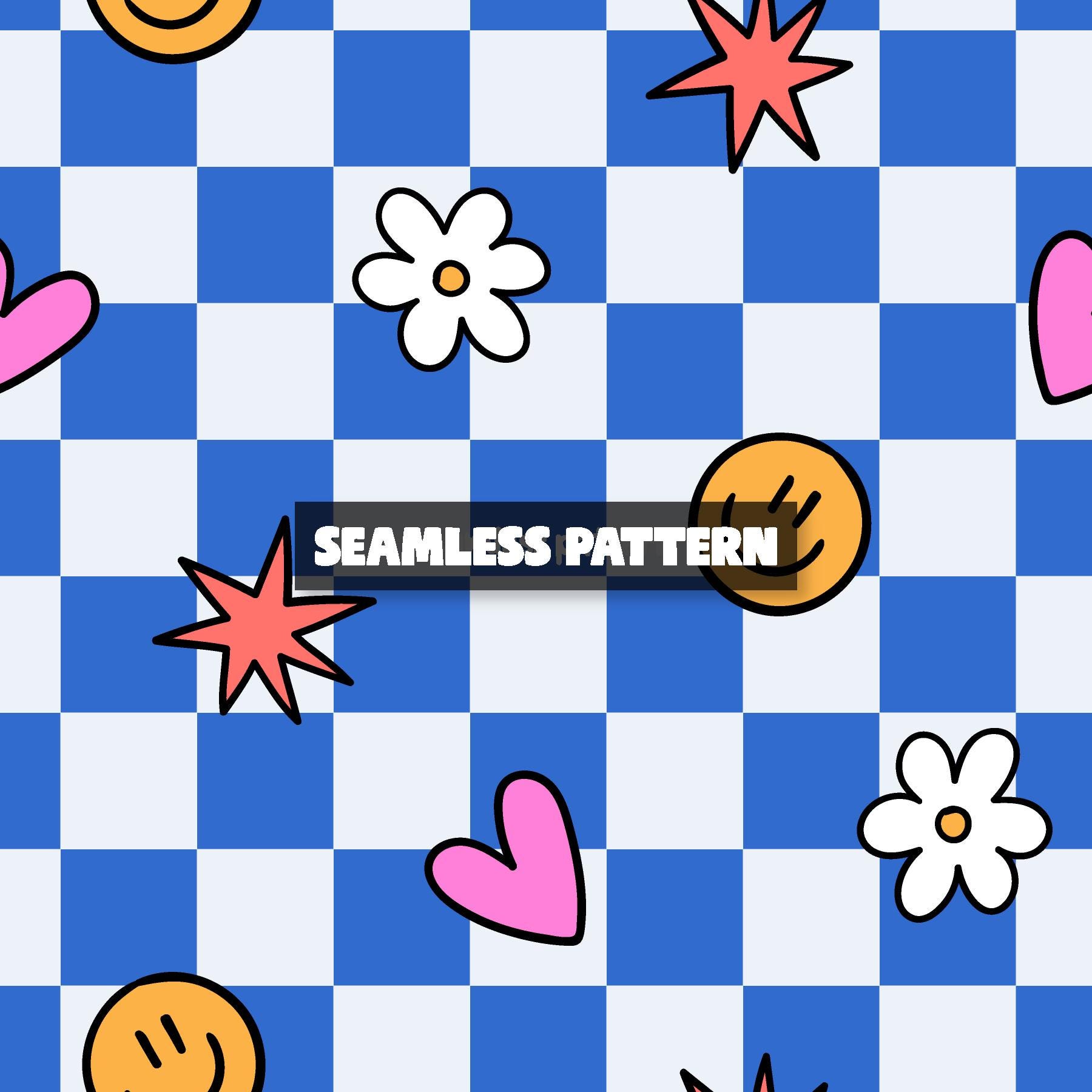 Blue Groovy Checkered Pattern, Retro Seamless File (digital Download ...