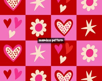 Modèle sans couture à carreaux pour la Saint-Valentin, coeurs roses et rouges (papier numérique)