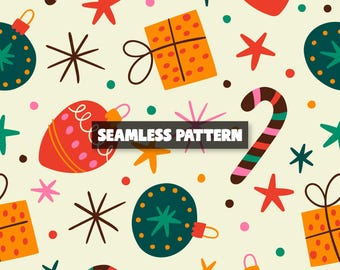 Naadloos kerstpatroon: snoepgoed, digitaal kerstversieringen.