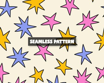Naadloze retro sterrenpatroon, kleurrijk digitaal papier (digitale download)