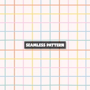 May include: A seamless pattern design with a grid of pastel-coloured lines in pink, yellow, blue, and orange on a cream background. The words "SEAMLESS PATTERN" are in a black rectangle.