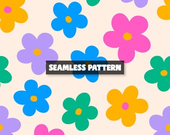 Retro Floral Seamless Pattern – Colorful Daisy Digital Paper.