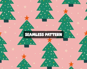 Retro Christmas Tree Seamless Pattern, Pink Holiday Repeat (Digital Download)