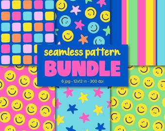 Naadloze smileypatroonbundel – leuke retro blije gezichten – kleurrijk digitaal papier – leuk kinderpatroon.