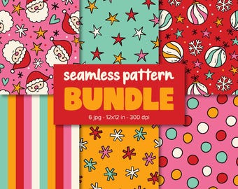 Bundel naadloze kerstpatronen – Kerstman en ornamenten digitaal papier – Achtergronden voor feestelijke feestdagen.