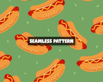 Hot Dog Seamless Pattern, Fast Food Digital Paper.