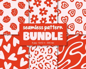 Naadloze Valentijnspatroonbundel: hartjes, kus, madeliefje, abstract digitaal papier.