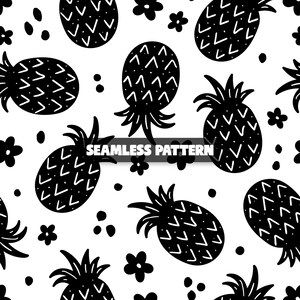 May include: Seamless pattern featuring black pineapples, flowers, and dots on a white background. The pineapples have a textured design with white accents. The text "SEAMLESS PATTERN" is visible.