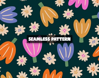 Kleurrijk tulp naadloos patroon, retro bloemmotief, schattige lentebloemen digitaal papier.