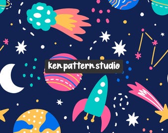 Space Rocket Seamless Pattern, Universe Planets Fabric Design, Digital ...